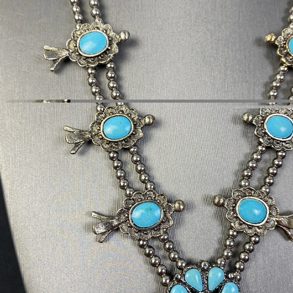 Vintage Necklace Squash Blossom Faux Turquoise Poured Glass 26" Long Silvertone - Picture 4 of 15